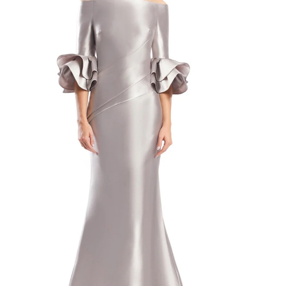 Silver/taupe Daymor Couture Off-Shoulder Bell Sleeve MOB/MOG Gown